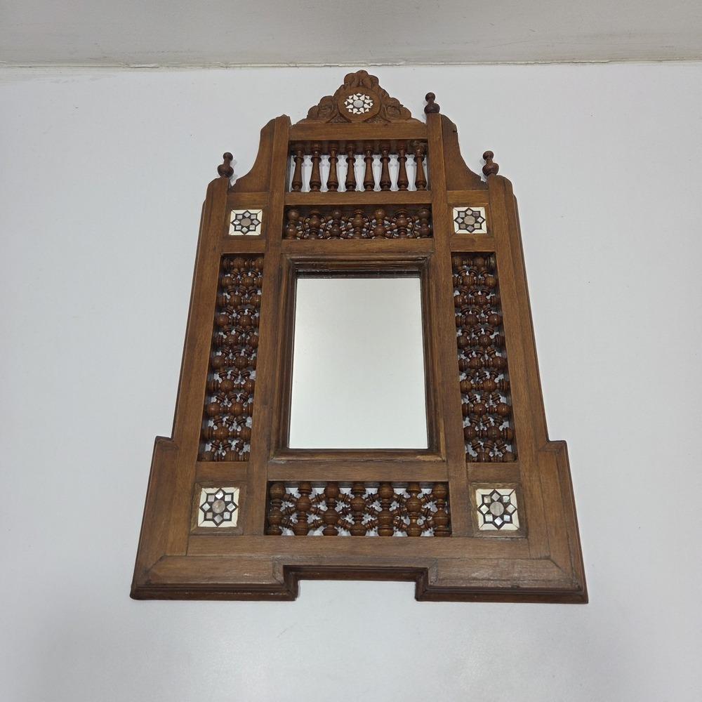 Handcrafted Wooden arabesque mirror frame decorated with mother of pearl Acents